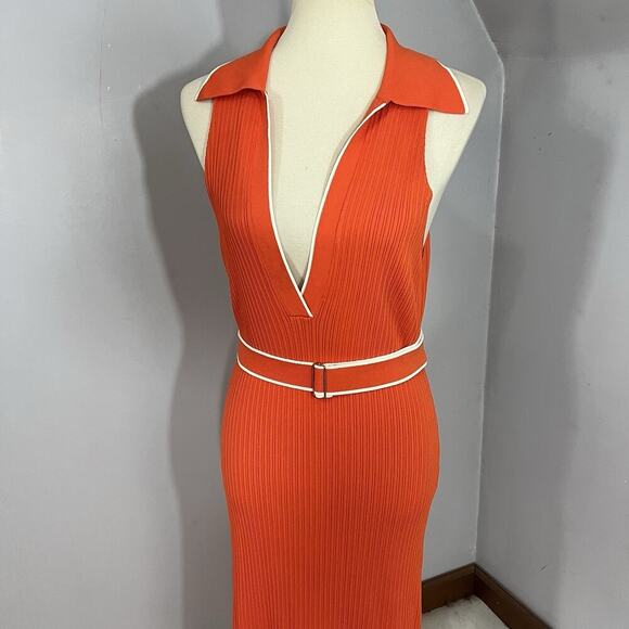 Nicholas Giuliana Ribbed Knit Midi Belted Sweater Dress Large Orange Stretchy - Picture 10 of 16